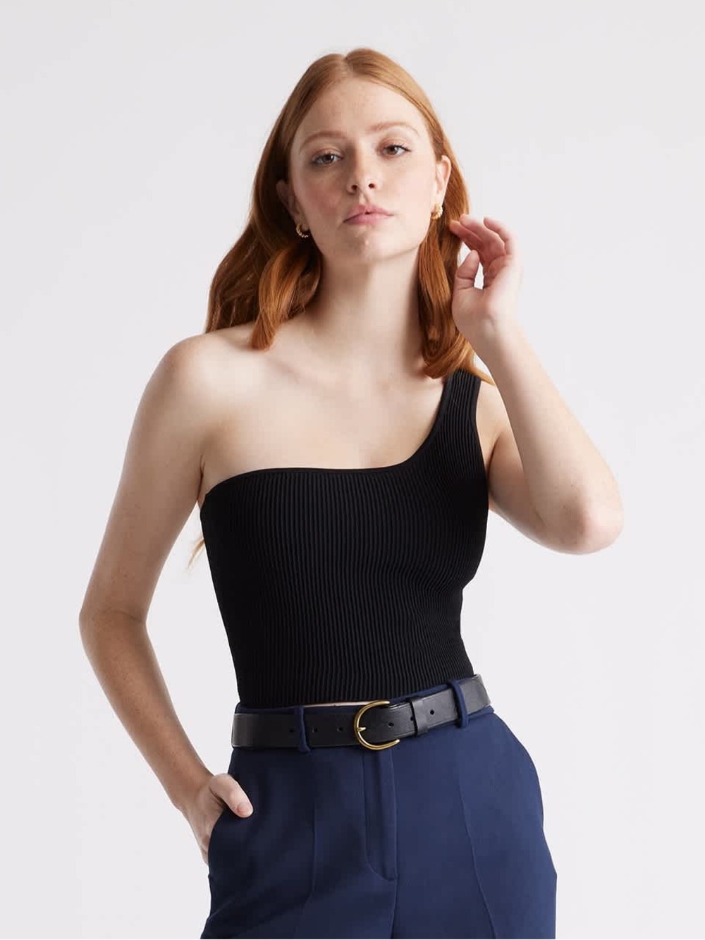 Quince Cropped One Shoulder Ribbed Knit Tank - Black
